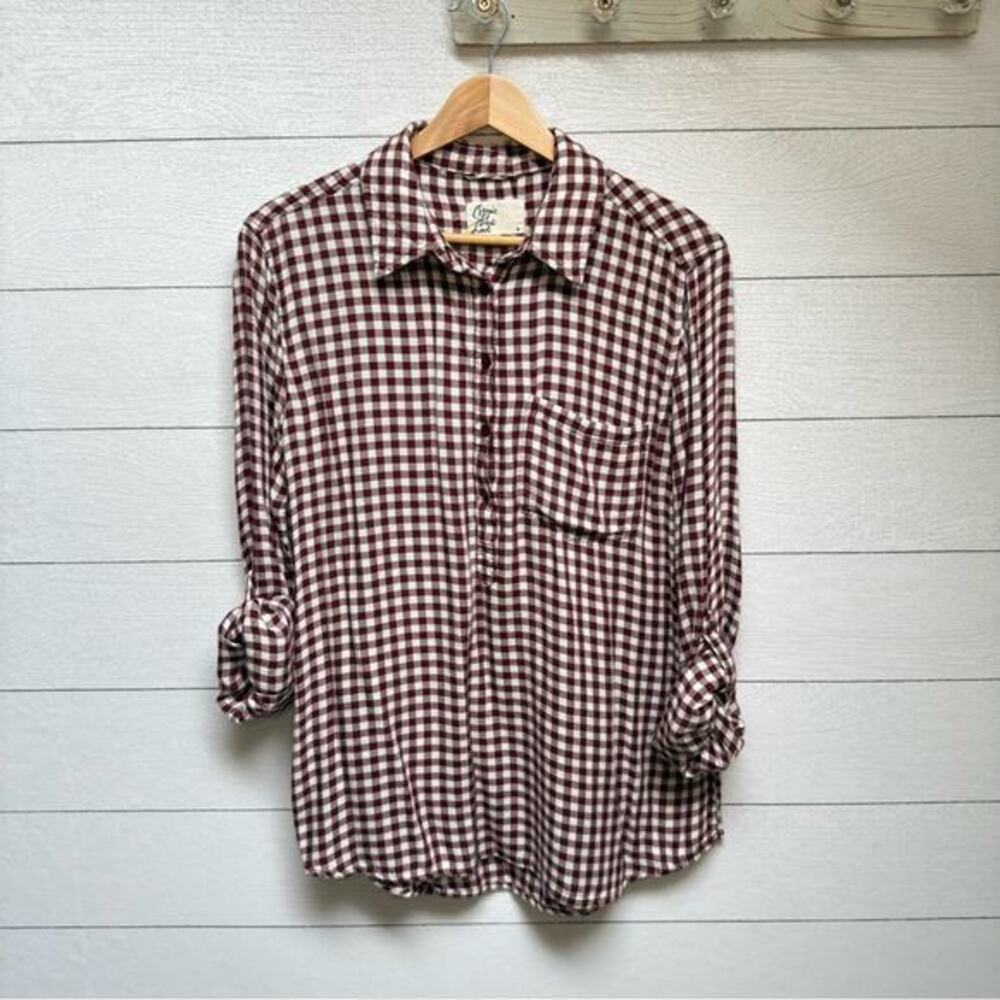 Cosmic Blue Love Brick Burgundy Gingham Buffalo Check Button Up Shirt M